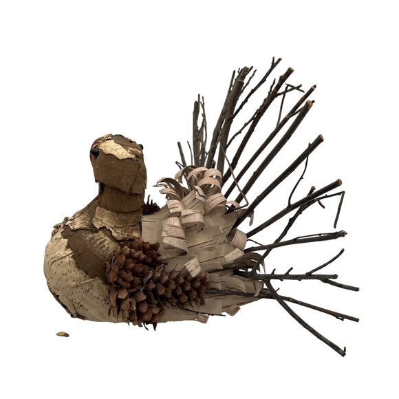 Vintage Handmade Set Rustic Turkey Figurines Bark Pinecone Folk Art Thanksgiving - Picture 12 of 16